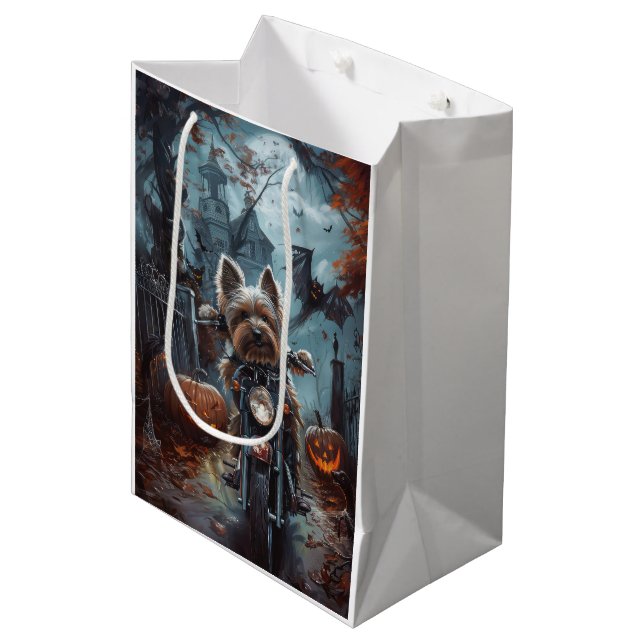 Biewer Terrier Riding Motorrad Halloween Beängstig Mittlere Geschenktüte (Vorderseite Schrägansicht)