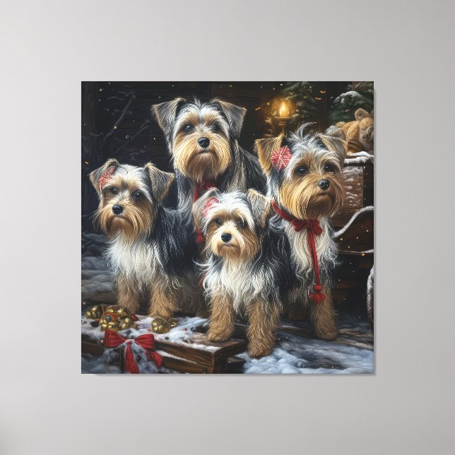Biewer Terrier Snowy Sleigh Weihnachtsdekor Leinwanddruck (Vorderseite)