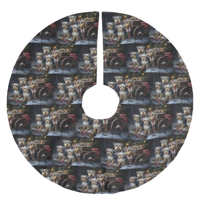 Biewer Terrier Snowy Sleigh Weihnachtsdekor Polyester Weihnachtsbaumdecke (Vorderseite)