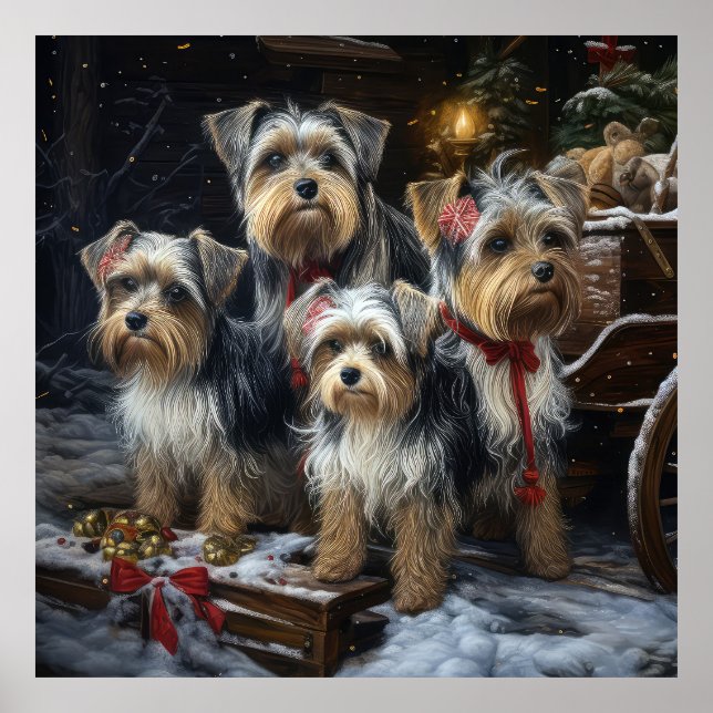 Biewer Terrier Snowy Sleigh Weihnachtsdekor Poster (Vorne)