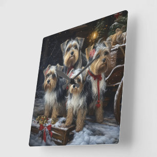 Biewer Terrier Snowy Sleigh Weihnachtsdekor Quadratische Wanduhr