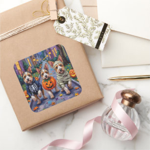 Biewer Terrier Trick-or-Treating Halloween-Kostüm Quadratischer Aufkleber