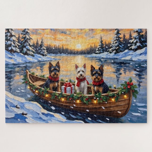 Biewer Terrier Weihnachtsboot-Feiertag Puzzle (Horizontal)