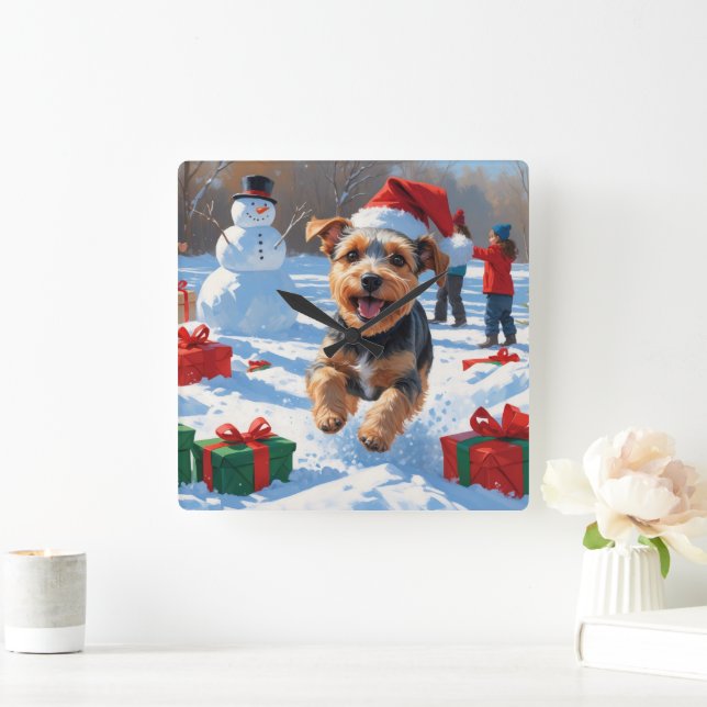 Biewer Terrier Weihnachtsfest-Schneeszene Quadratische Wanduhr (Zuhause)