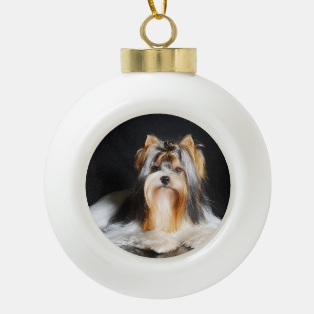 Biewer Terrier Weihnachtsschmuck Keramik Kugel-Ornament (Vorderseite)