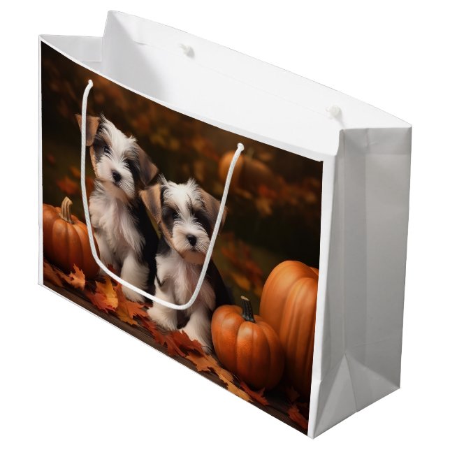Biewer Terrier Welppy Autumn Delight Pumpkin Große Geschenktüte (Vorderseite Schrägansicht)