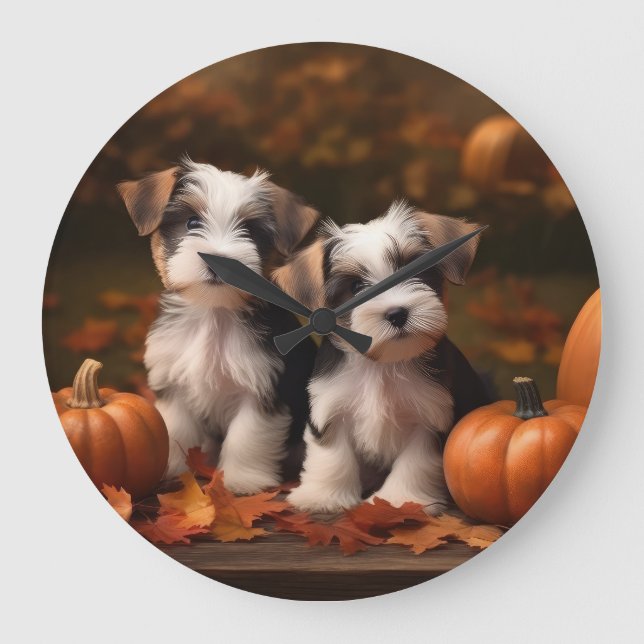 Biewer Terrier Welppy Autumn Delight Pumpkin Große Wanduhr (Vorderseite)