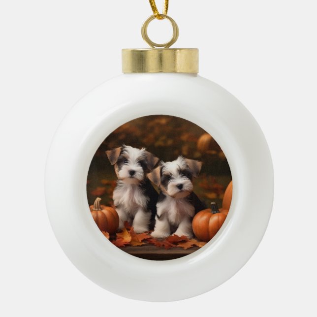 Biewer Terrier Welppy Autumn Delight Pumpkin Keramik Kugel-Ornament (Vorderseite)
