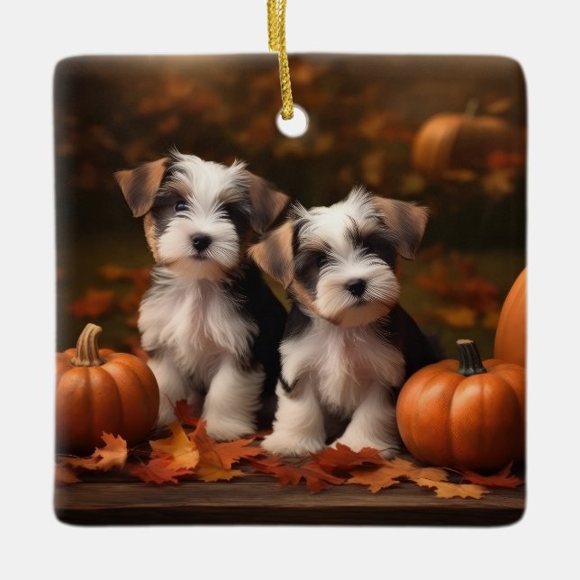 Biewer Terrier Welppy Autumn Delight Pumpkin Keramikornament (Vorderseite)