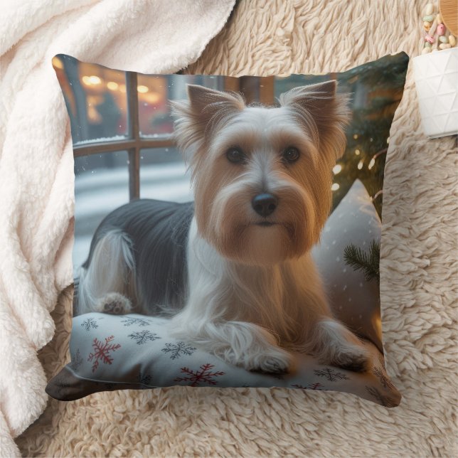 Biewer Terrier With Christmas Lights Holiday Kissen (Decke)