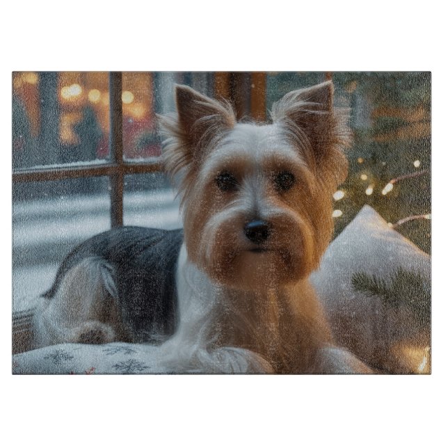 Biewer Terrier With Christmas Lights Holiday Schneidebrett (Vorderseite)
