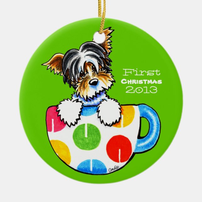 Biewer Yorkie First Christmas Custom Keramik Ornament (Vorne)