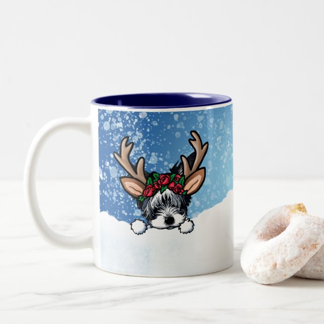 Biewer Yorkie Reindeer Christmas Zwei-Tone-Tasse Zweifarbige Tasse (Mit Donut)