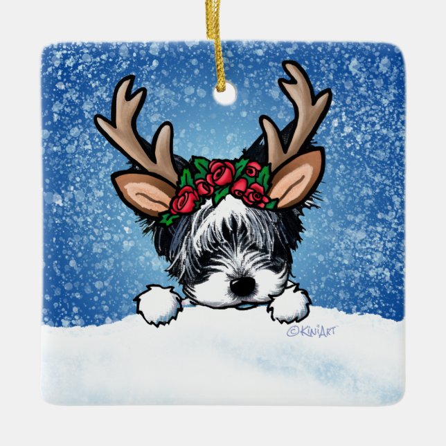 Biewer Yorkie Reindeer Keramik Ornament (Vorderseite)