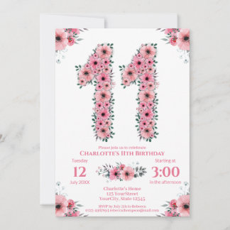 Big 11. Geburtstag Green Foliage Girl Pink Blume Einladung