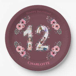 Big 12. Geburtstag Foto Collage Girl Pink Blume Pappteller