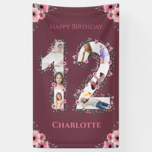 Big 12. Geburtstag Foto Collage Pink Flower Girl Banner
