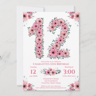 Big 12. Geburtstag Green Foliage Girl Pink Blume Einladung