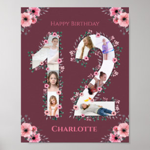 Big 12. Geburtstag Pink Flower Girl FotoCollage Poster