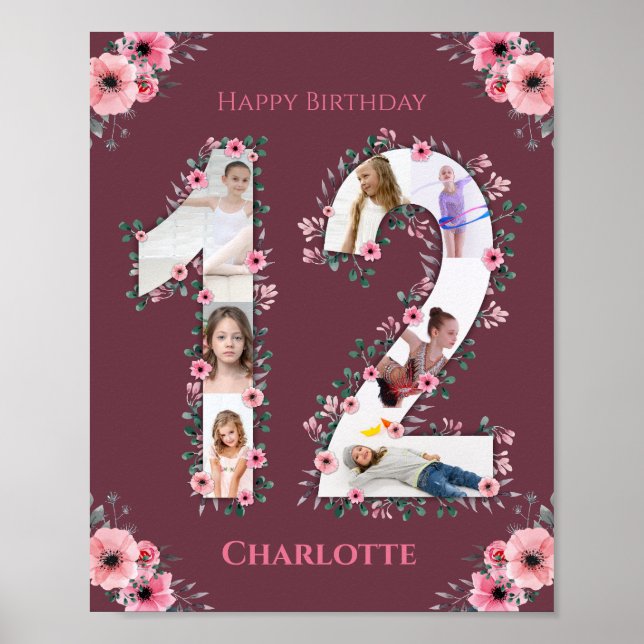 Big 12. Geburtstag Pink Flower Girl FotoCollage Poster (Vorne)