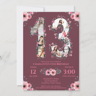 Big 13. Geburtstag Girl Foto Collage Pink Blume Einladung