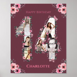 Big 14. Geburtstag Pink Flower Girl FotoCollage Poster