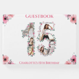 Big 15. Geburtstag Foto Collage Blume Mädchen Weiß Gästebuch