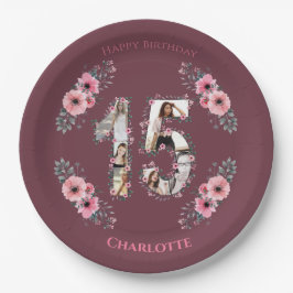 Big 15. Geburtstag Foto Collage Girl Pink Blume Pappteller