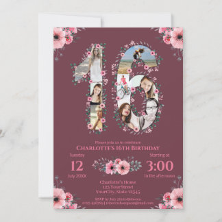 Big 16. Geburtstag Girl Foto Collage Pink Blume Einladung