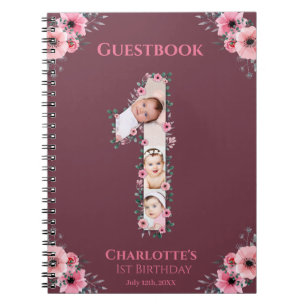 Big 1 Birthday Girl Foto Pink Blume Gästebuch Notizblock