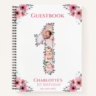 Big 1 Birthday Girl Foto Pink Blume Gästebuch Notizbuch