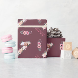 Big 1. Geburtstag Girl Foto Collage Pink Blume Geschenkpapier