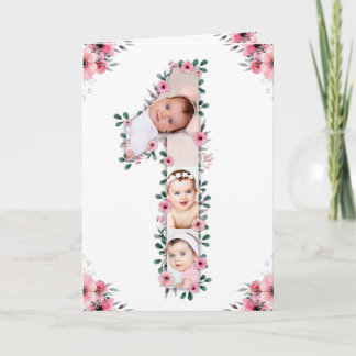 Big 1. Geburtstag Girl Foto Collage Pink Blume Karte