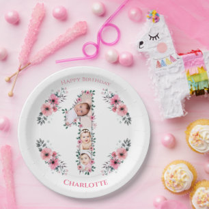 Big 1. Geburtstag Girl Foto Collage Pink Blume Pappteller