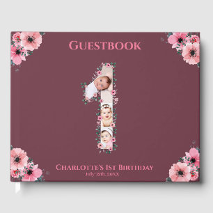Big 1st Birthday Foto Collage Flower Girl Pink Gästebuch