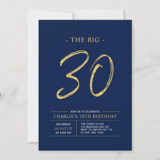Big 30 | Gold & Navy Blue 30. Geburtstag Party Einladung