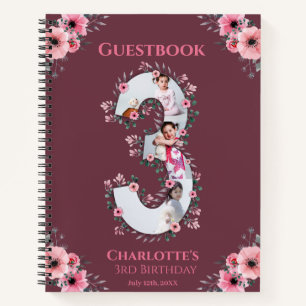 Big 3 Birthday Girl Foto Pink Blume Gästebuch Notizbuch