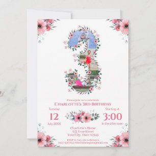 Big 3. Geburtstag Girl Foto Collage Pink Blume Einladung