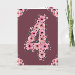 Big 4. Geburtstag Pink Blume Grünes Foliage Girl Karte