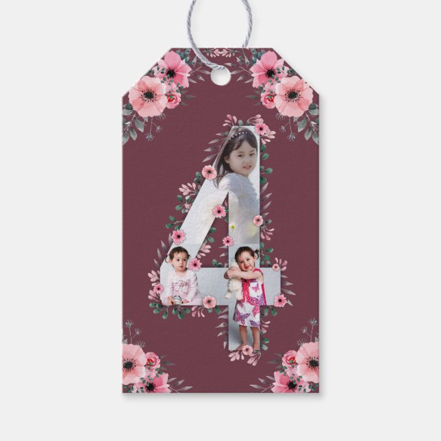 Big 4th Birthday Girl Foto Collage Pink Blume Geschenkanhänger (Vorderseite)