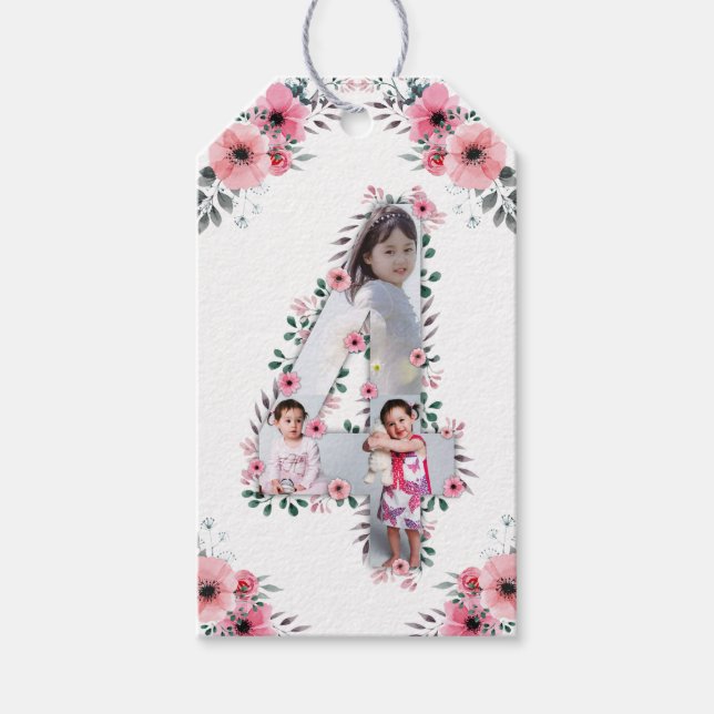 Big 4th Birthday Girl Foto Collage Pink Blume Geschenkanhänger (Vorderseite)