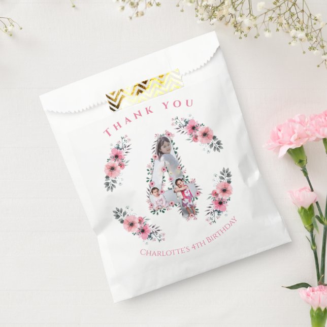 Big 4th Birthday Girl Foto Collage Pink Blume Geschenktütchen (Versiegelt)