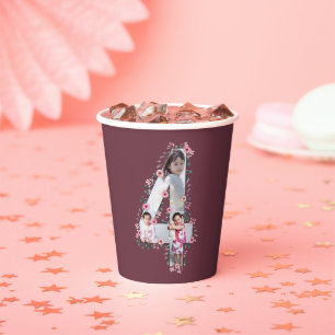 Big 4th Birthday Girl Foto Collage Pink Blume Pappbecher