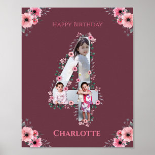 Big 4th Birthday Girl Foto Collage Pink Blume Poster