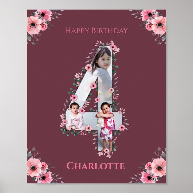 Big 4th Birthday Girl Foto Collage Pink Blume Poster (Vorne)