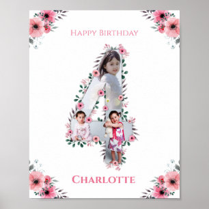 Big 4th Birthday Girl Foto Collage Pink Blume Poster