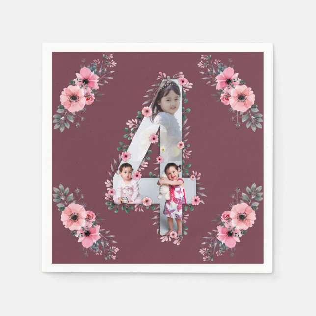 Big 4th Birthday Girl Foto Collage Pink Blume Serviette (Vorderseite)