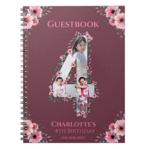 Big 4th Birthday Girl Foto Pink Blume Gästebuch Notizblock