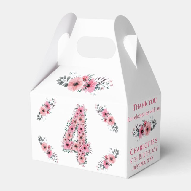 Big 4th Birthday Girl Green Foliage Pink Blume Geschenkschachtel (Vorderseite)