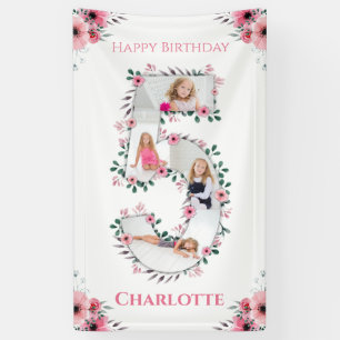 Big 5th Birthday Girl Foto Collage Pink Blume Banner